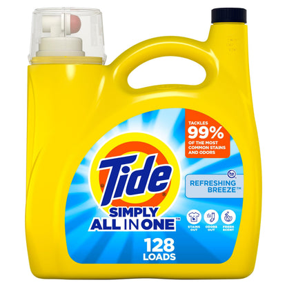 Tide Simply All-In-One Liquid Laundry Detergent, Refreshing Breeze Scent, 128 Loads, 168 fl oz