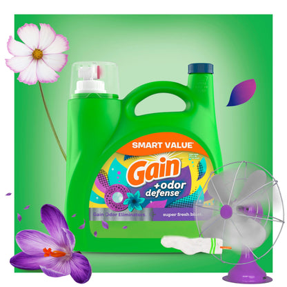 Gain + Odor Defense Liquid Laundry Detergent, Super Fresh Blast Scent, 107 Loads, HE Compatible Washing Soap (Packaging May Vary)