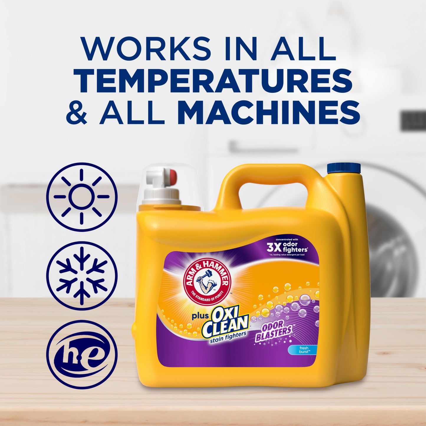 ARM & HAMMER Plus OxiClean with Odor Blasters Liquid Laundry Detergent, Laundry Odor Remover, Attacks Stains, Fresh Burst Scent, 122 Loads, 158.6 Fl Oz