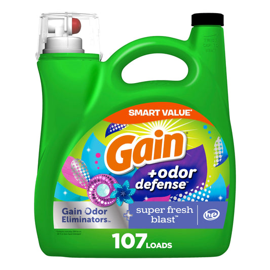 Gain + Odor Defense Liquid Laundry Detergent, Super Fresh Blast Scent, 107 Loads, HE Compatible Washing Soap (Packaging May Vary)